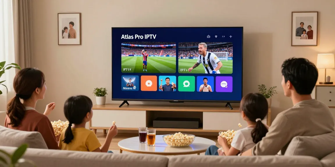Famille appréciant l'application Atlas Pro IPTV dans un salon moderne avec une télévision à écran large.
