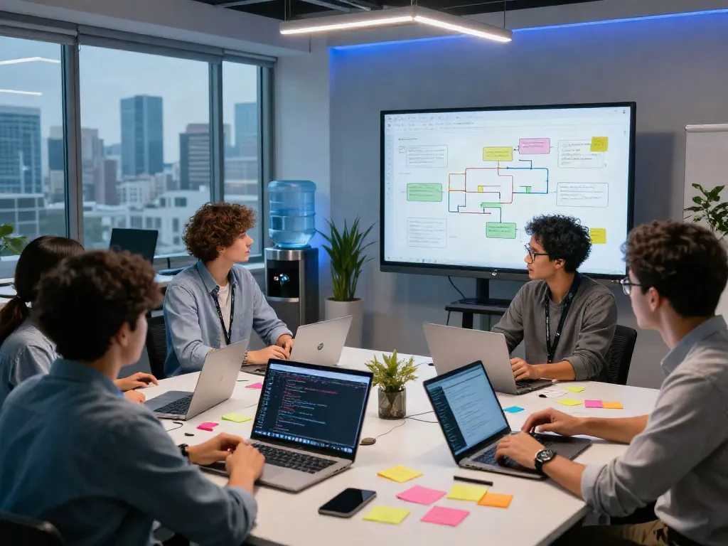 Collaboration d'équipe autour d'une table avec des ordinateurs, affichant le programme Atlas pro dans un bureau moderne.