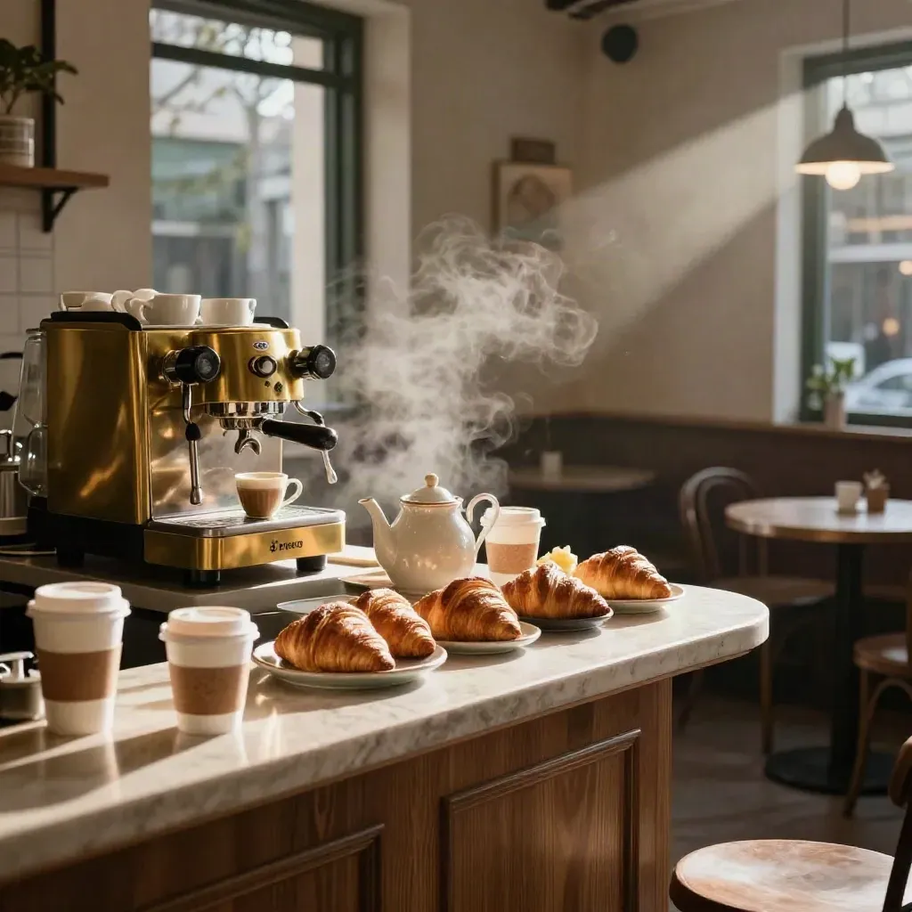 Intérieur d’un café avec machine à espresso, croissants, théières et vapeur du matin.