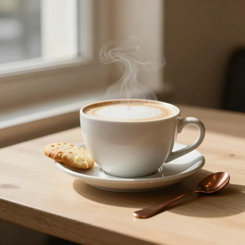 Cappuccino crémeux avec biscuit et cuillère cuivrée sur table en bois clair.