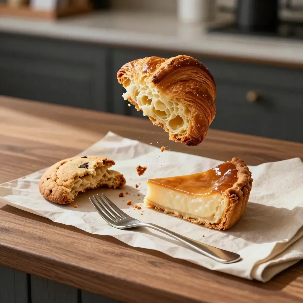 Plateau de pâtisseries maison: croissant, cookie, tarte et miettes sur papier parchemin.