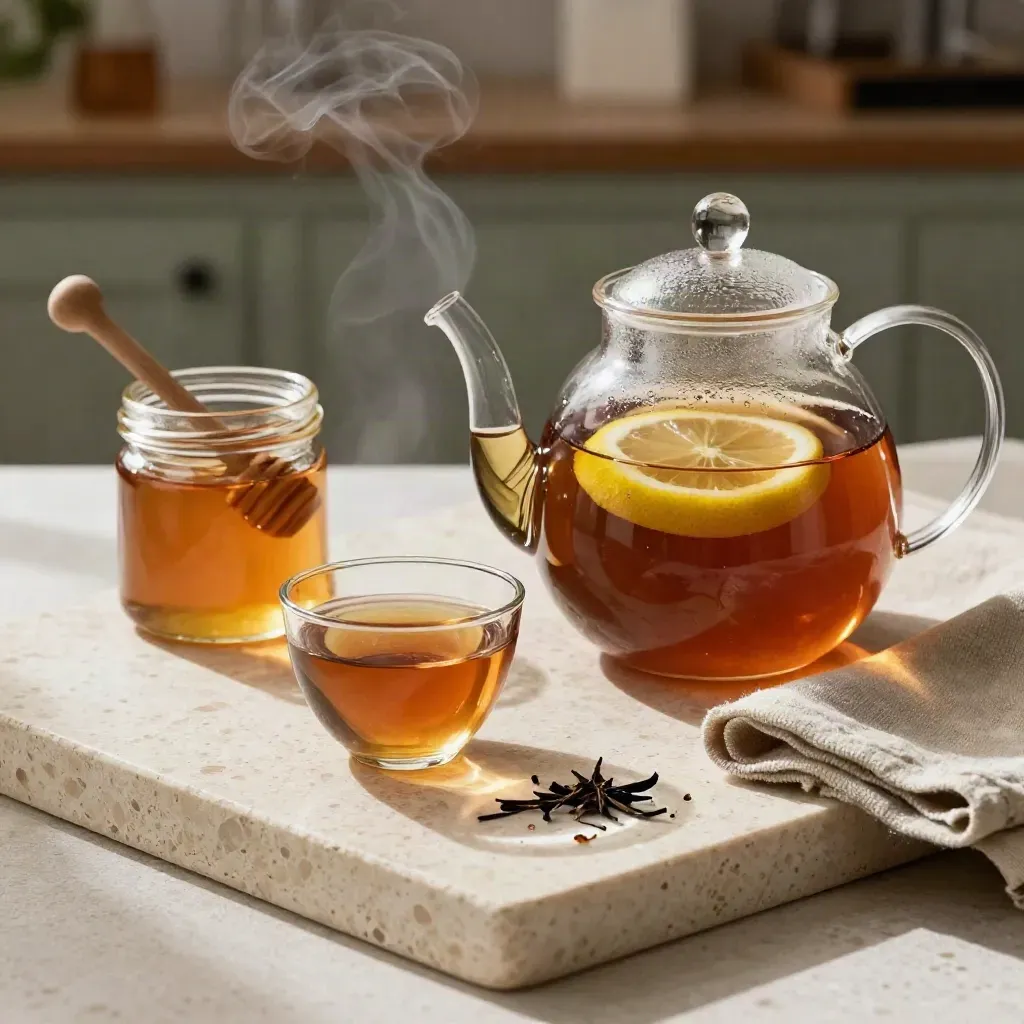 Thé aux agrumes dans une théière en verre, tasse et pot de miel sur plateau de lin.