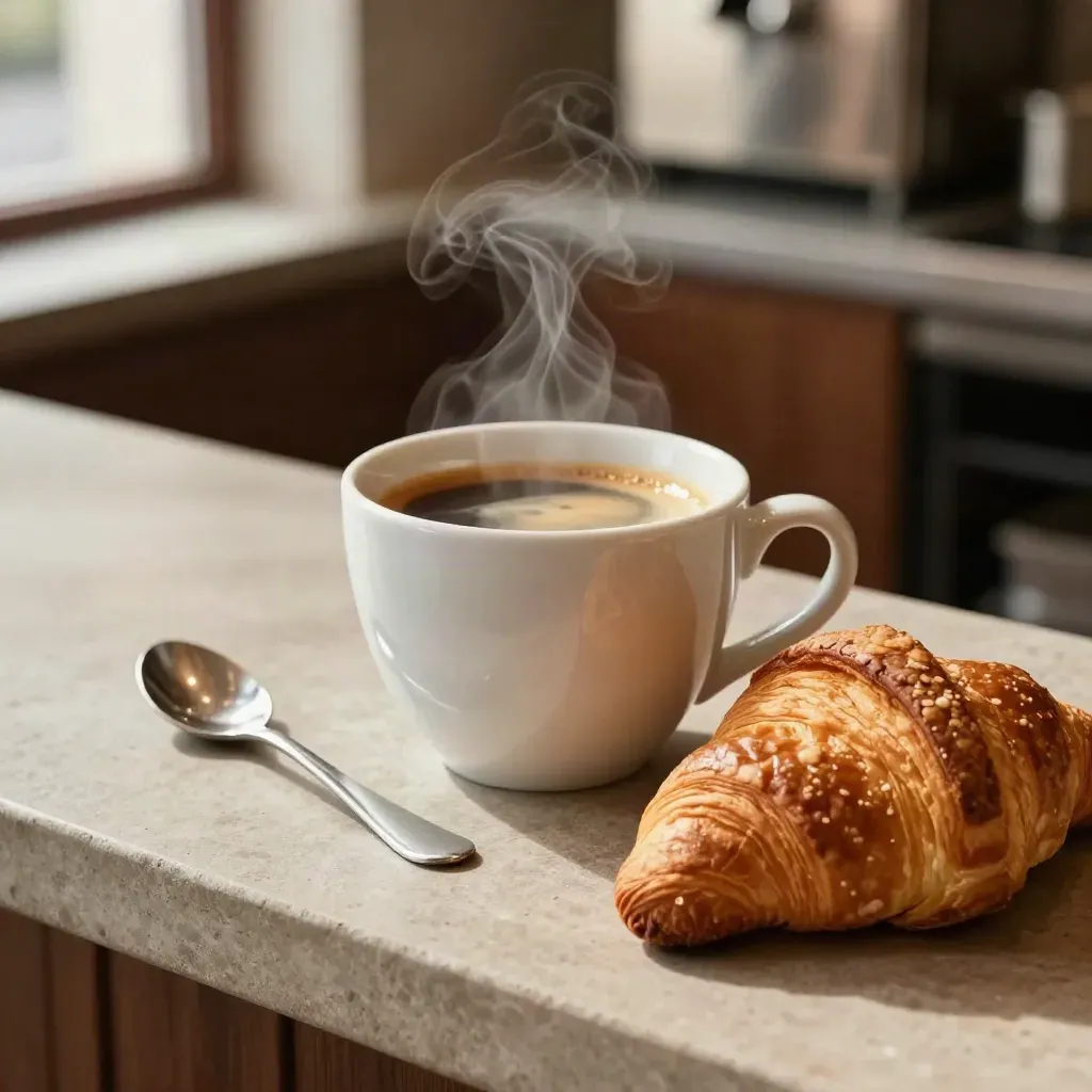 Un espresso avec croissant sur un comptoir en pierre, ambiance chaleureuse de café.