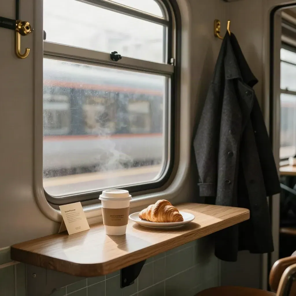 Niche de café près d’une gare avec gobelet à emporter, croissant et buée sur la vitre.