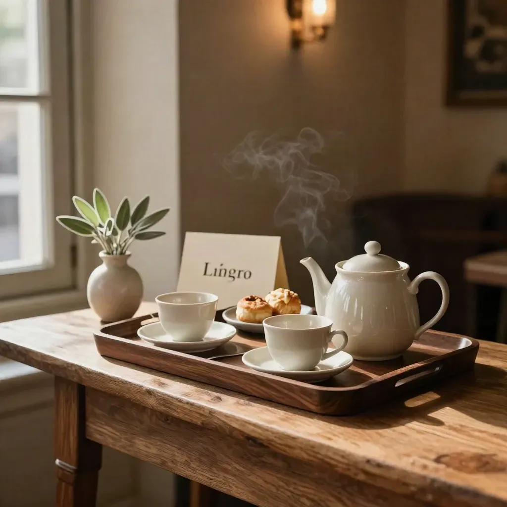 Plateau d’accueil avec thé, pâtisseries et fleurs sur console d’entrée baignée de lumière.