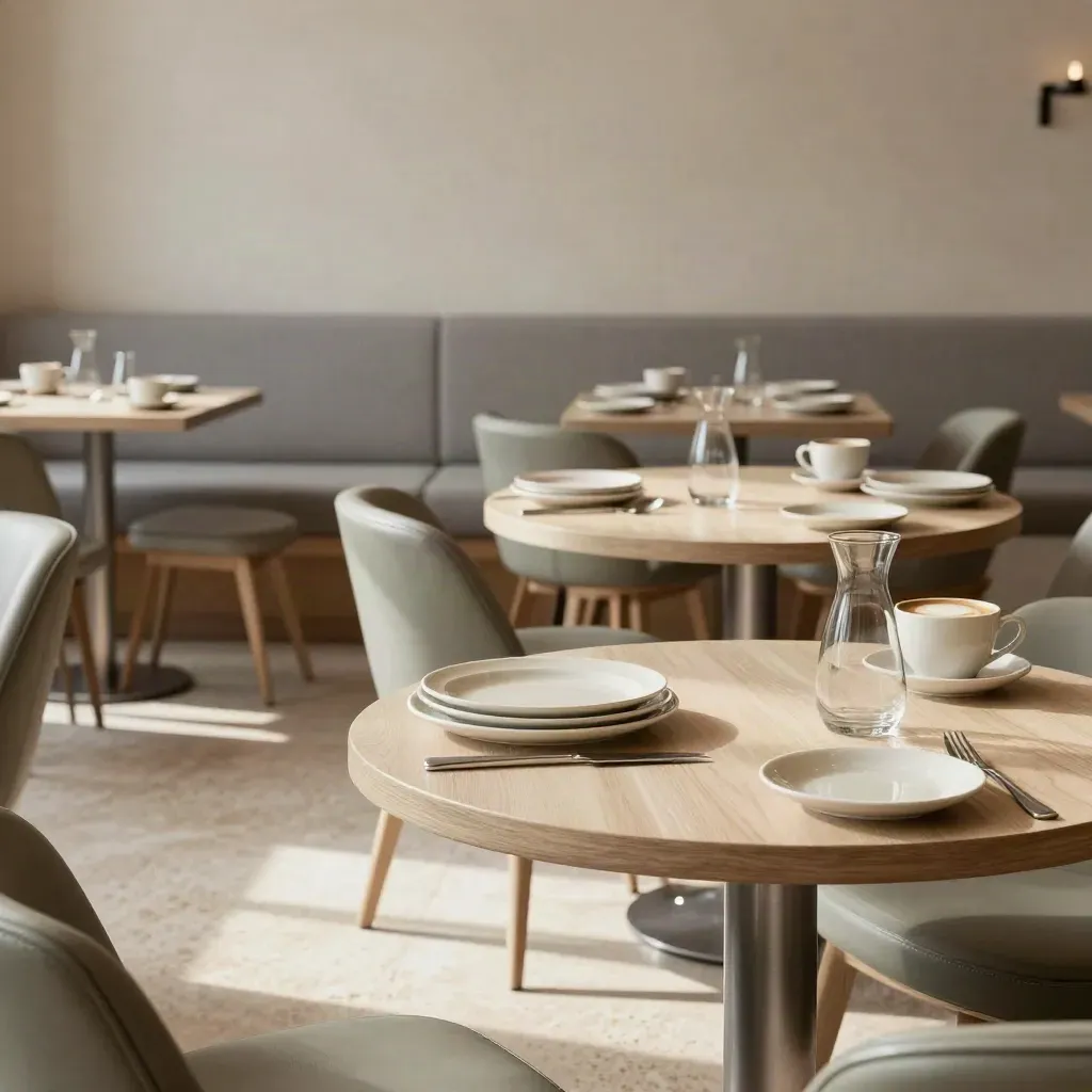 Salle de brunch lumineuse avec tables dressées, tasses, assiettes et banquettes crème.