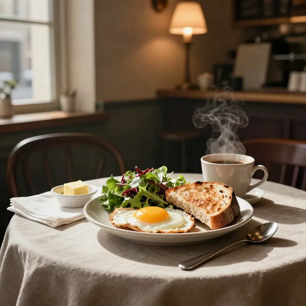Assiette de brunch avec œufs, tartines, salade et boisson chaude fumante sur table en lin.