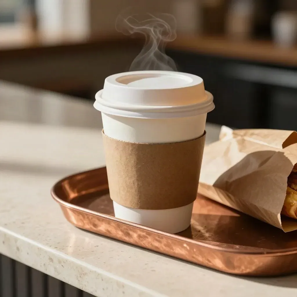 Gobelet à emporter avec sachet de viennoiserie sur un plateau, lumière du matin dans un café chaleureux.