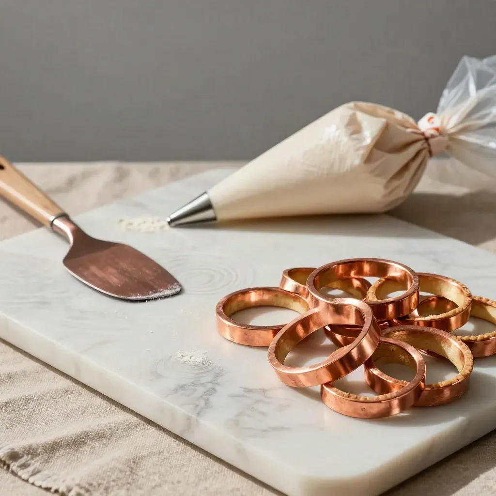 Outils de pâtisserie en cuivre sur marbre poudré, vue serrée avec farine et lumière rasante.