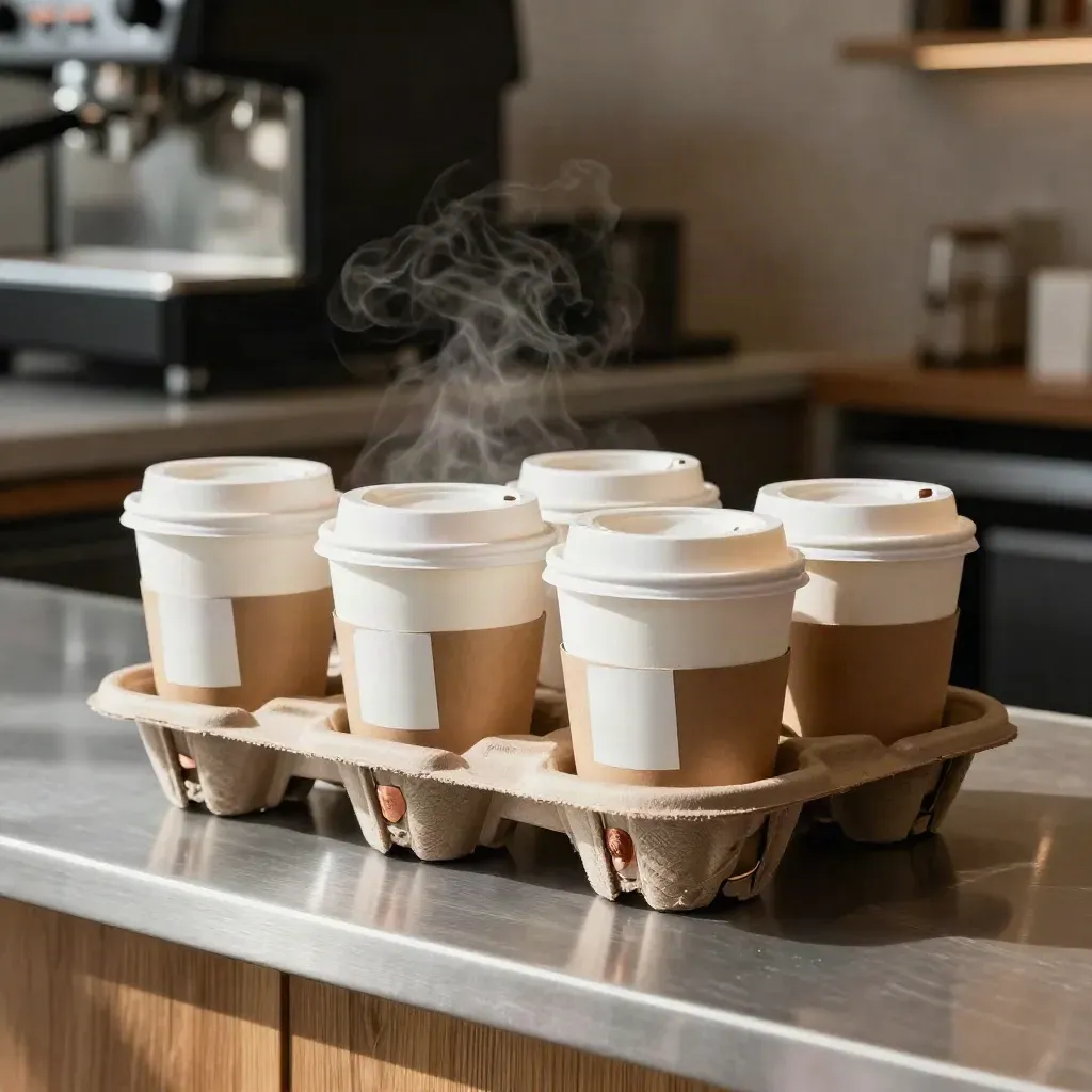 Quatre cafés à emporter en porte-gobelets, vapeur douce sur comptoir en métal.