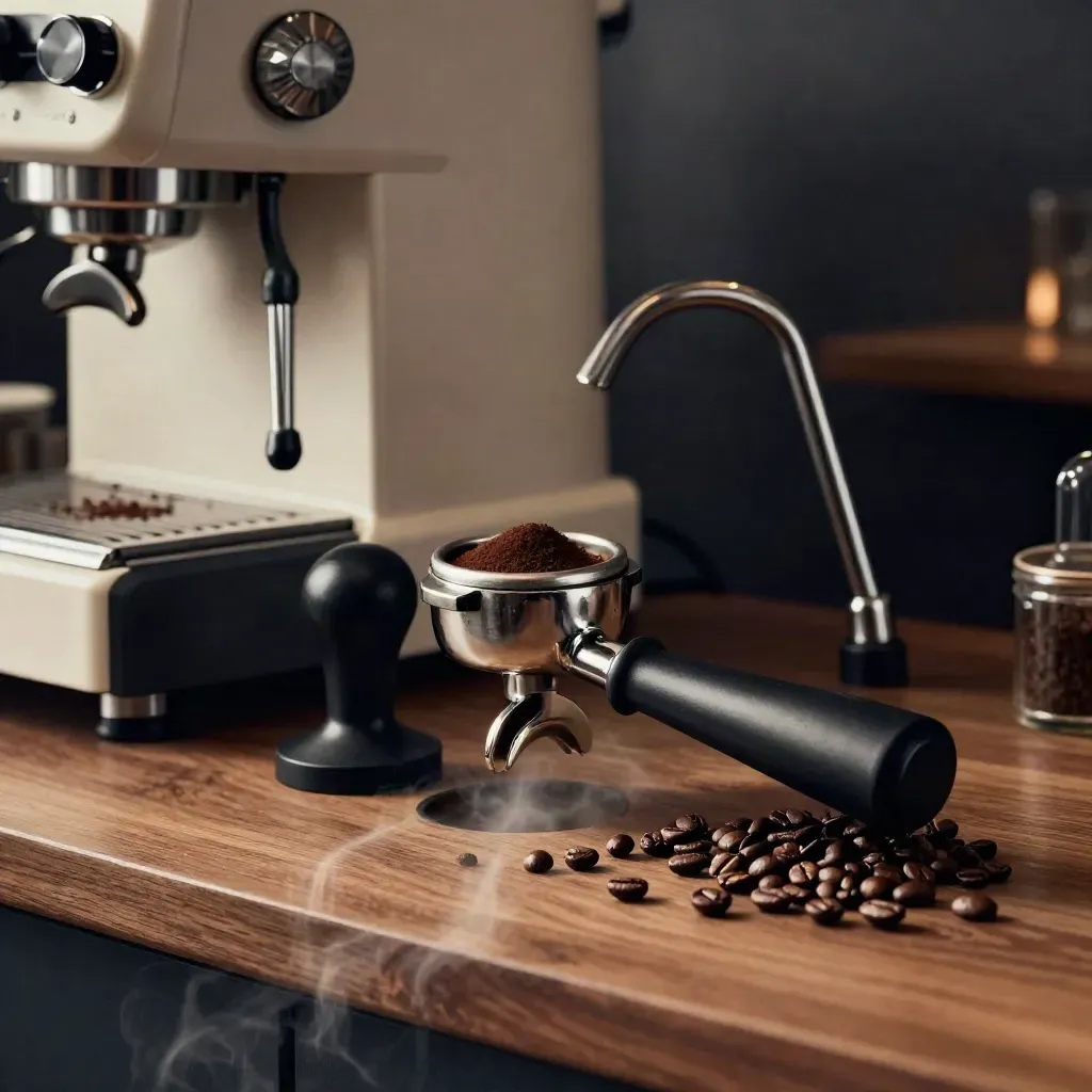 Station espresso dramatique avec portafiltre, tamper, moulin et vapeur sur comptoir brun.