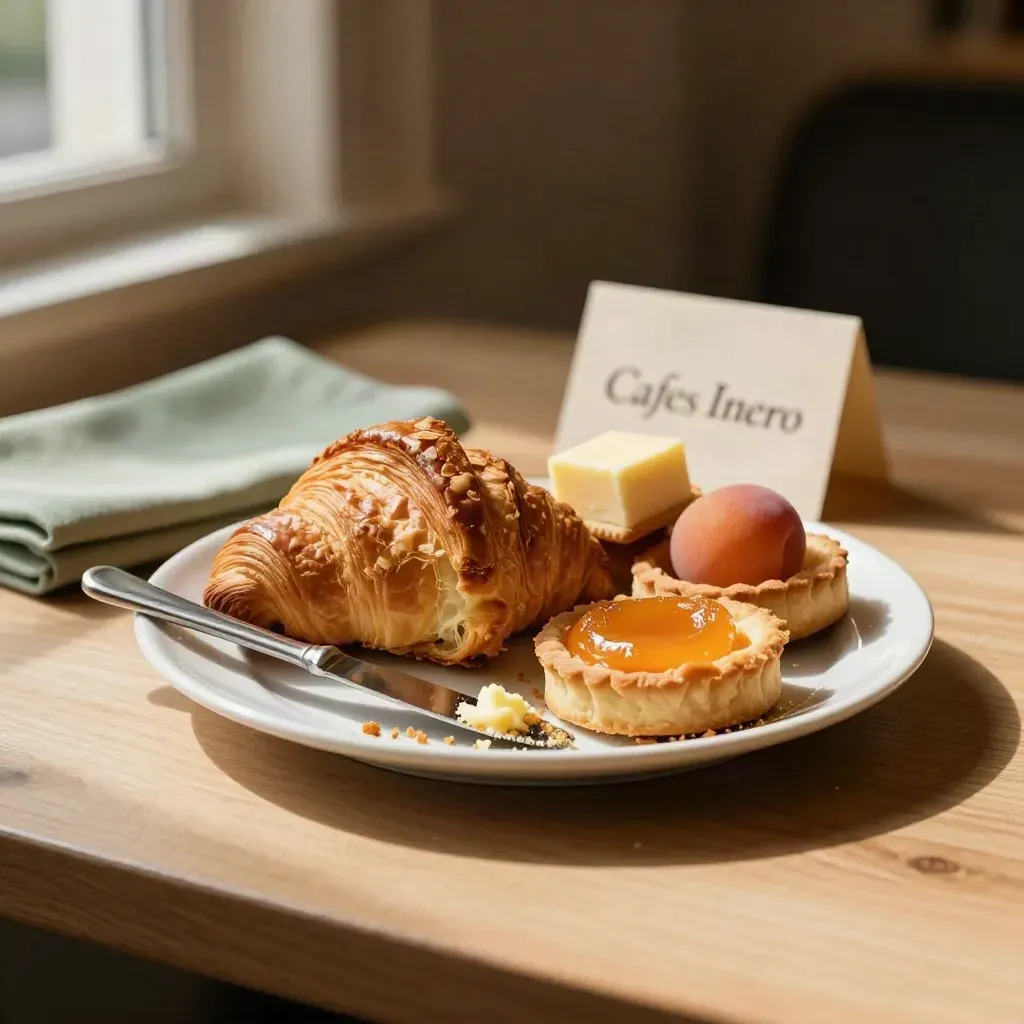 Plateau de goûter avec croissants, biscuits et parts de tarte sur table de café.