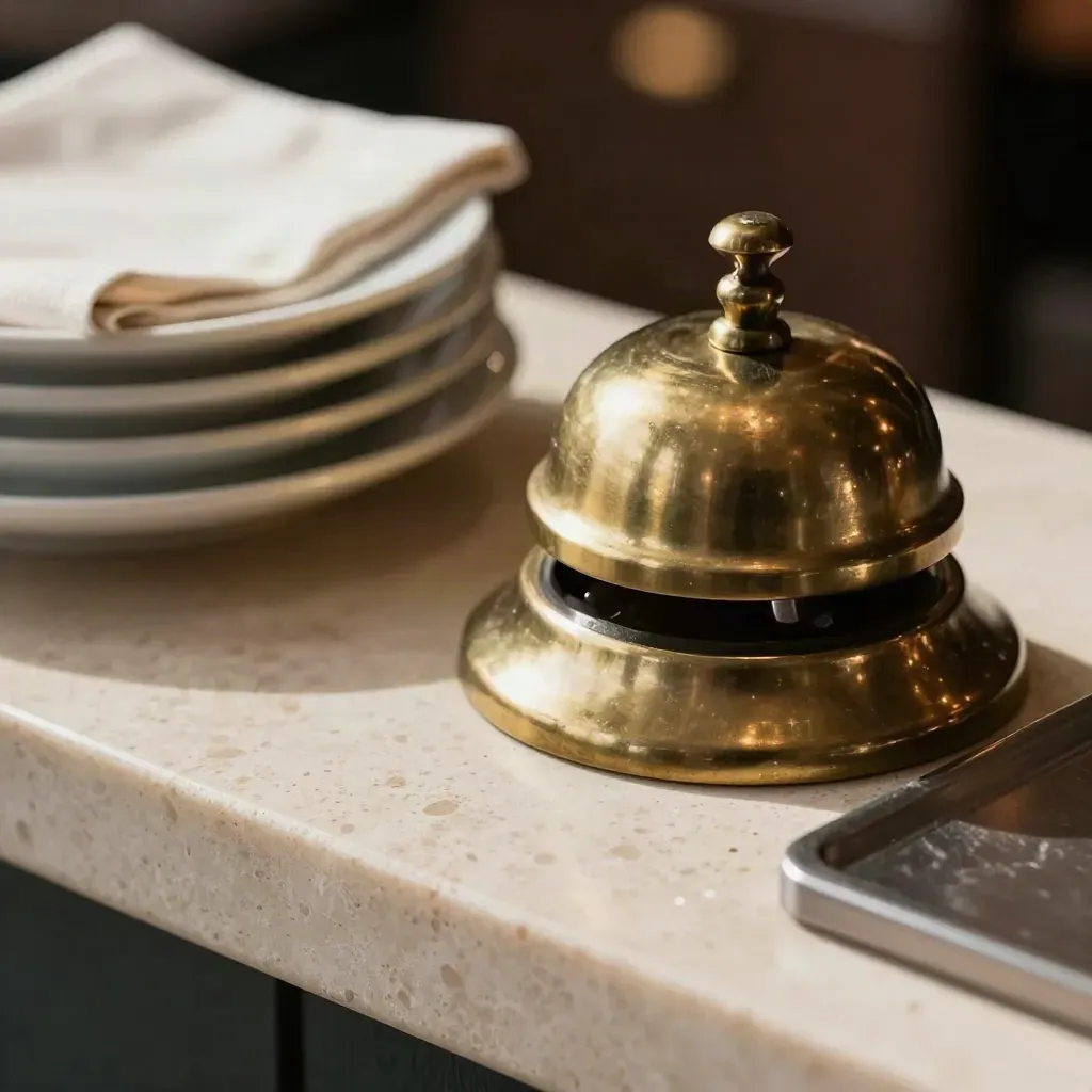 Gros plan d’une sonnette de service en laiton avec soucoupes et serviettes en lin sur pierre claire.