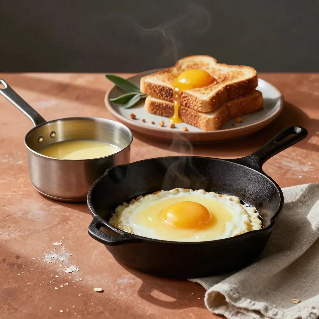 Poêle à frire, toast et vapeur dans une ambiance brunch artisanale avec linge et herbes.