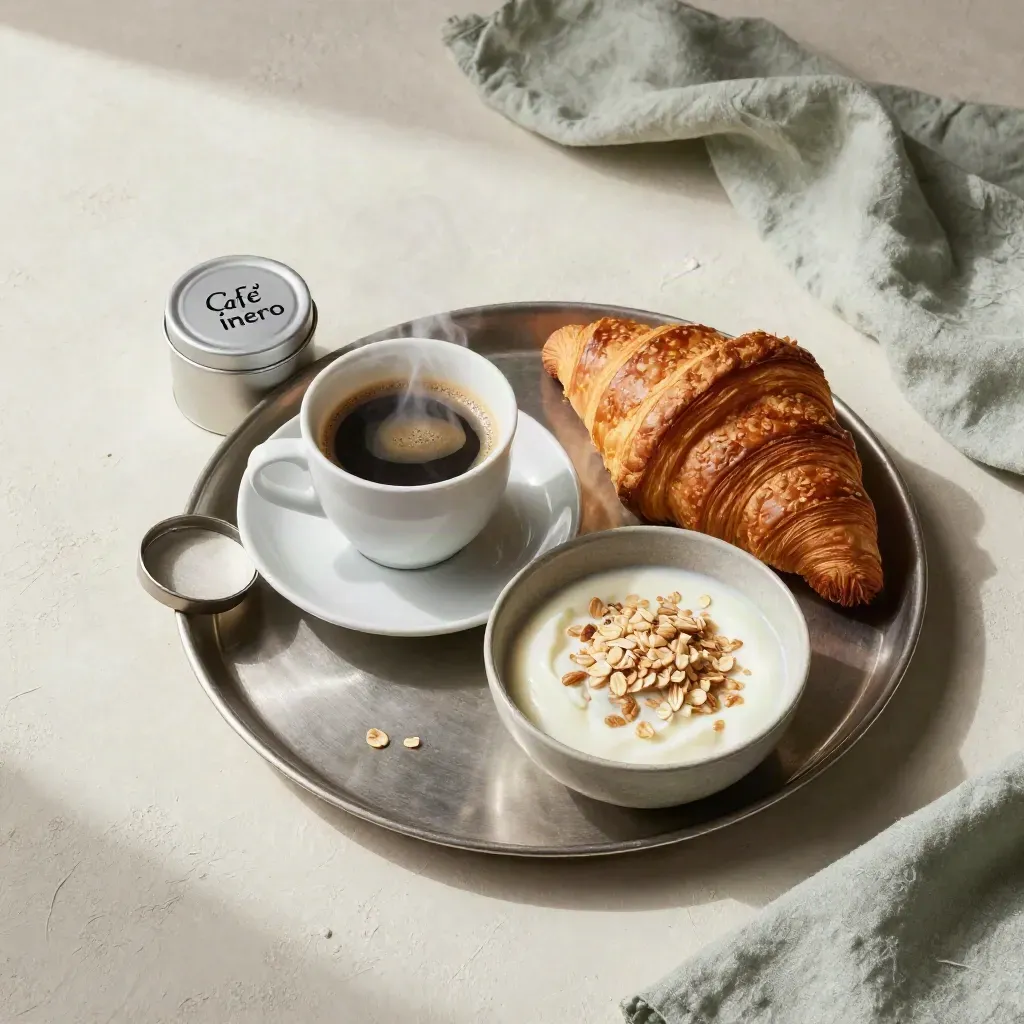 Vue du dessus d’un café, d’un thé, d’un croissant et d’un bol brunch sur plateau, lumière douce.