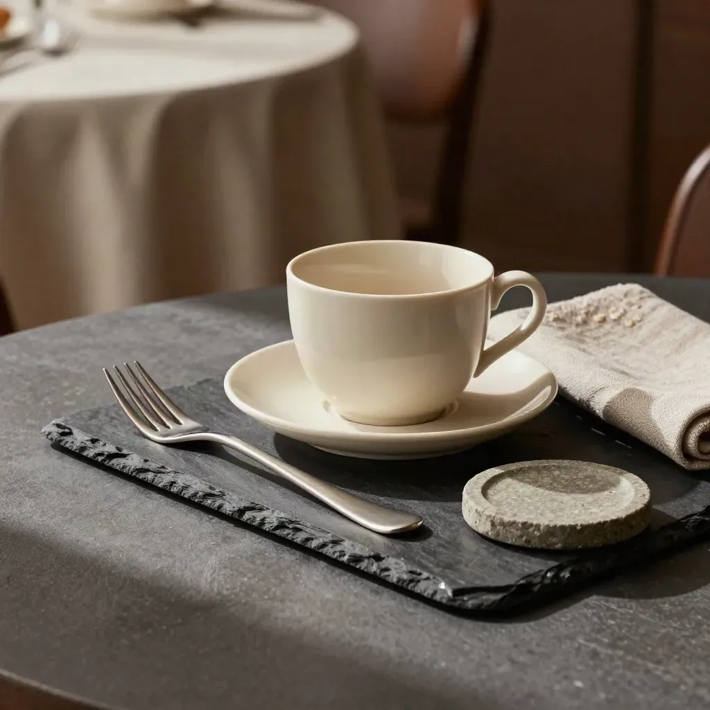Plateau de service avec tasse, soucoupe, fourchette, serviette pliée et petite assiette sur table sombre.