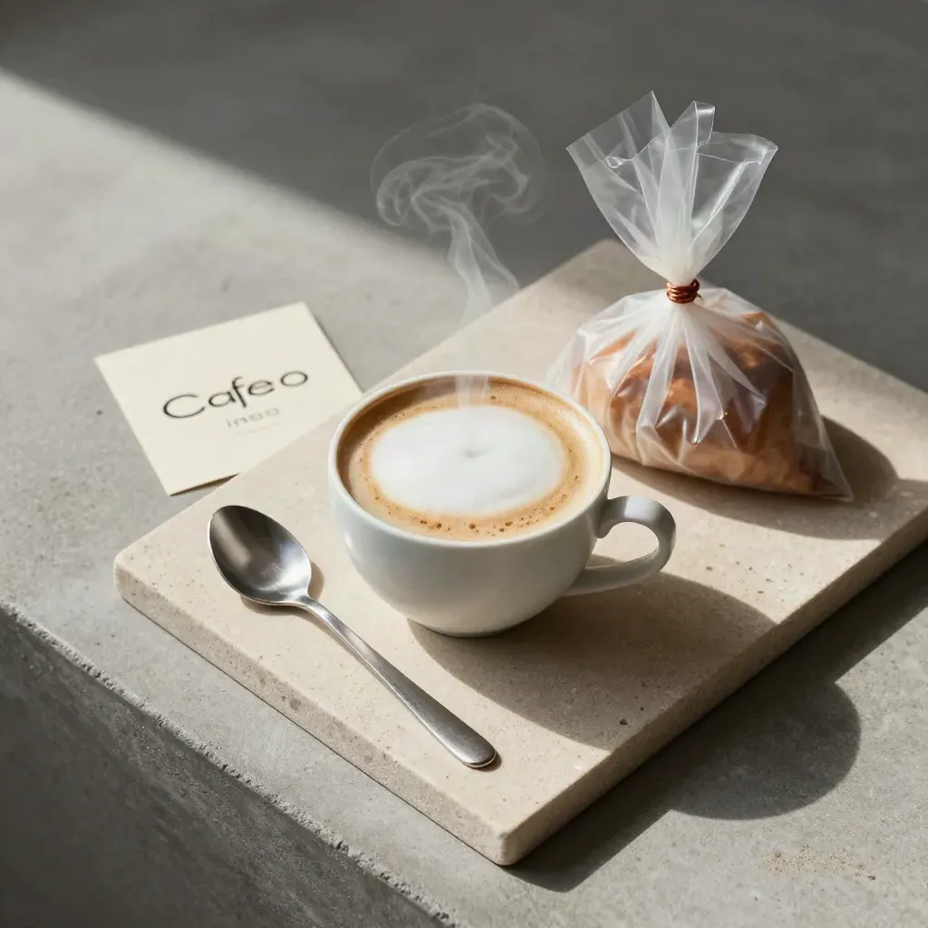Vue du dessus d’un cappuccino, d’un sachet de viennoiserie et d’une cuillère sur plateau.