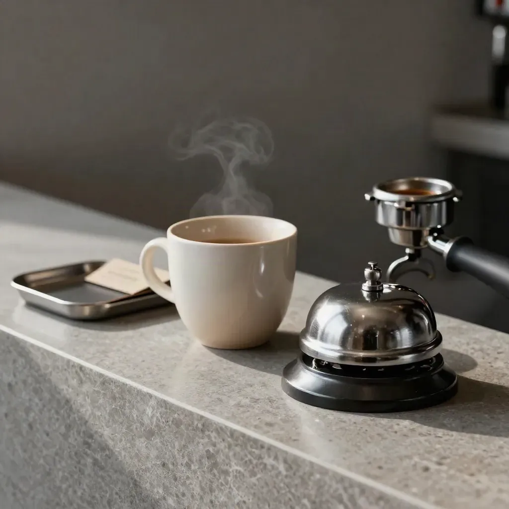 Cloche de comptoir, tasse en céramique, porte-filtre tassé et plateau de retrait sur pierre brossée.