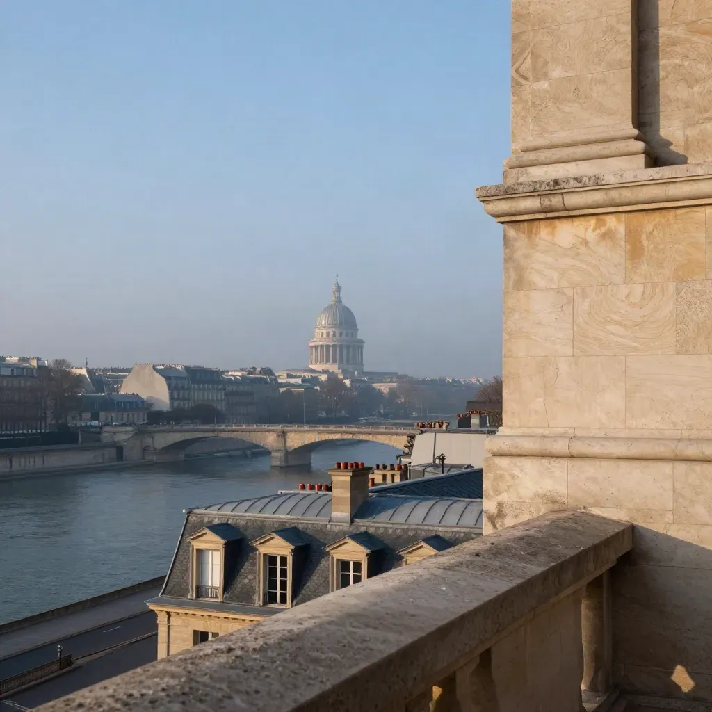 Panorama de Paris centre au crépuscule, toits, Seine brumeuse et dôme lointain.