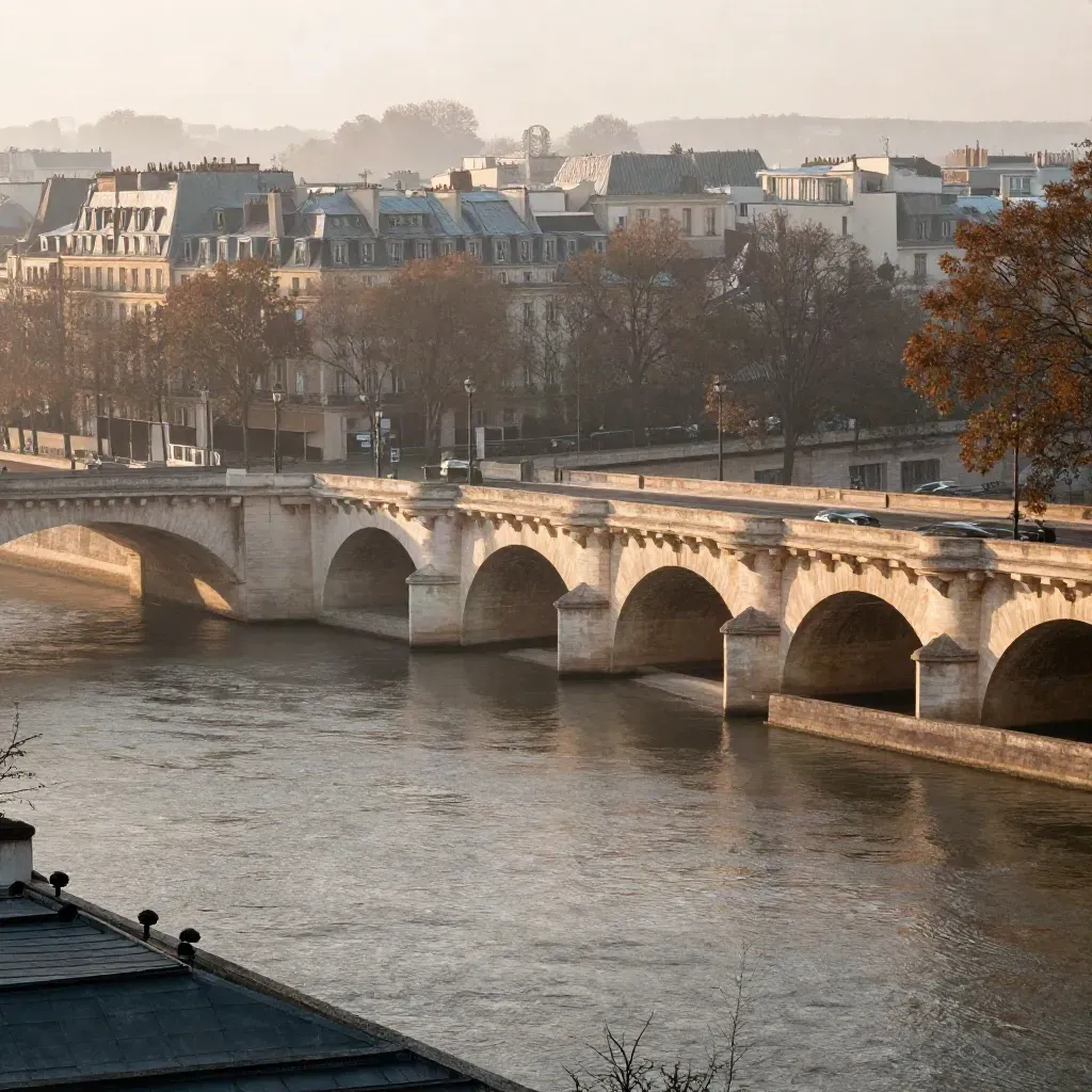 Pont de pierre, toits bas et platanes dans la brume au lever du soleil, vue aérienne de Paris.