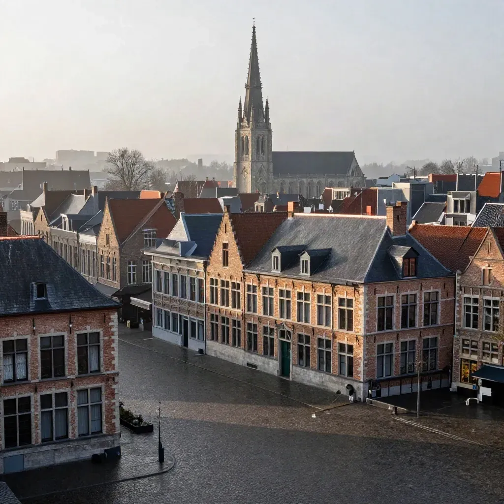Toits de brique de Lille et clocher dans une brume dorée au-dessus d’une place calme