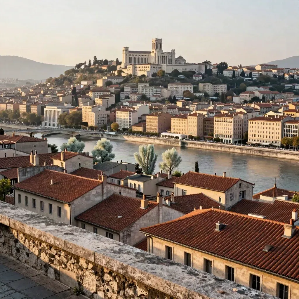 Panorama de Lyon au crépuscule, Fourvière en hauteur et la Saône dans une brume dorée.